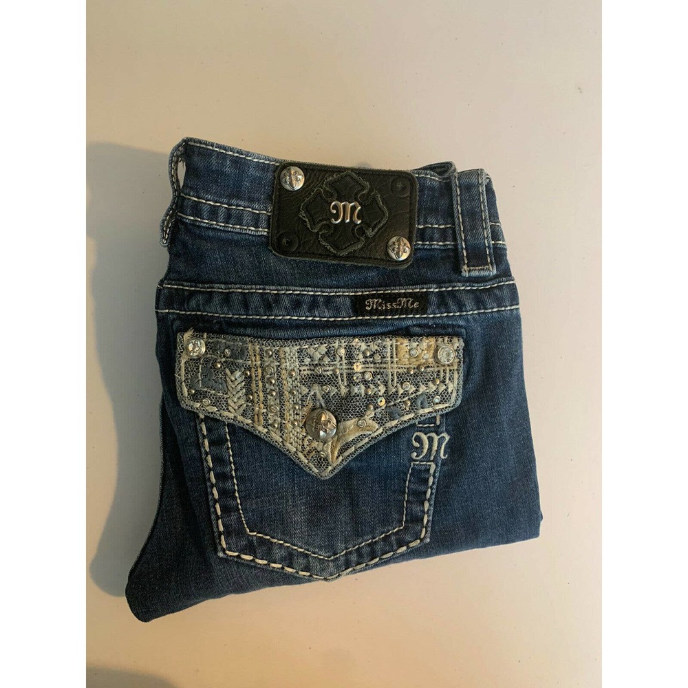 MISS ME Women’s Medium Wash Signature Boot Bootcut Jeans lace detail Size 28